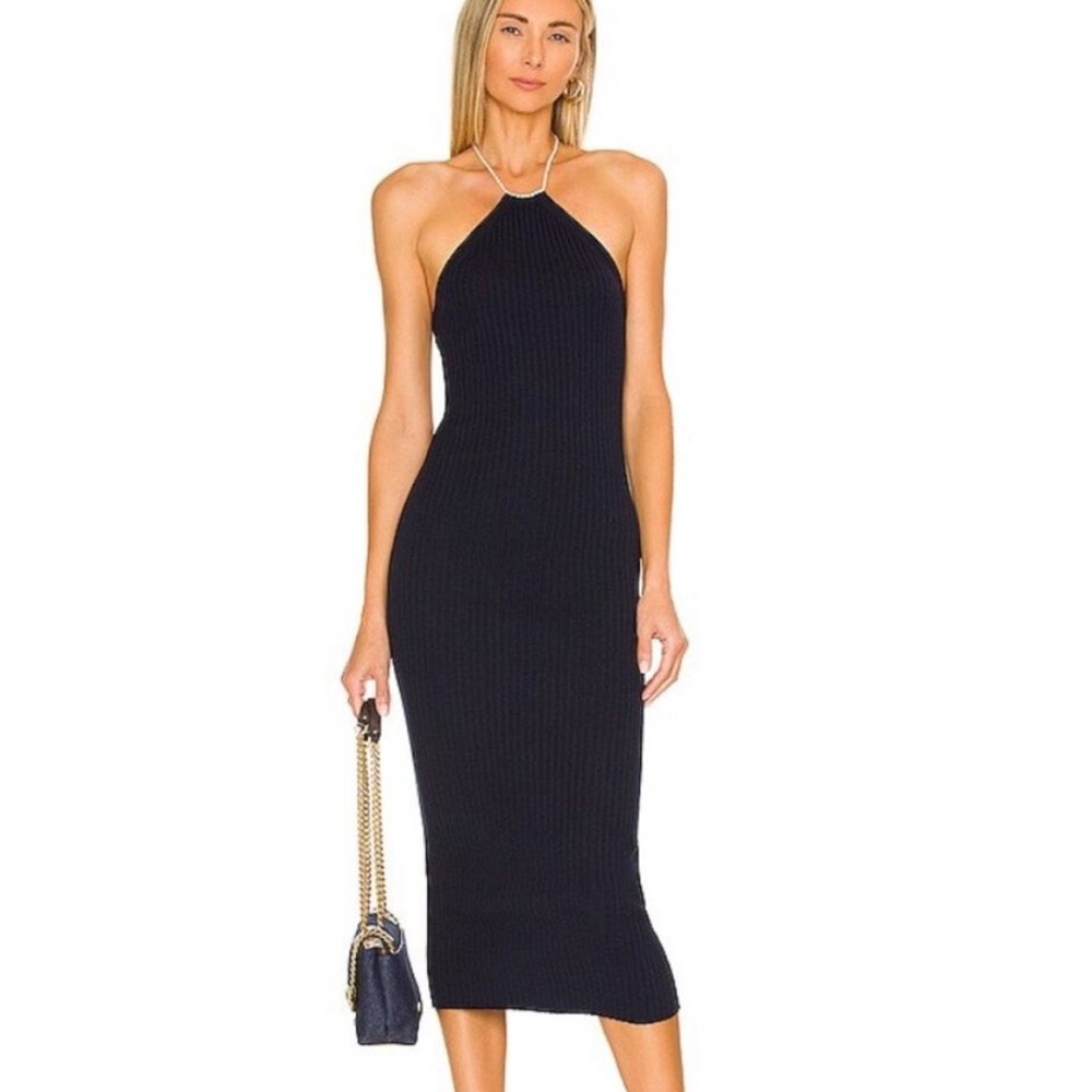 Line & Dot Revolve Sapphire Blue Elizabeth Pearl Neck Stretch Midi Dress NWT M